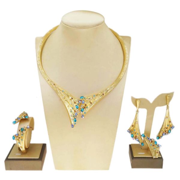 Dubai Gold Plated Woman Jewelry Set Luxury Blue Stone Colar Bracelet Ring Set Party Wedding Jewe 240410