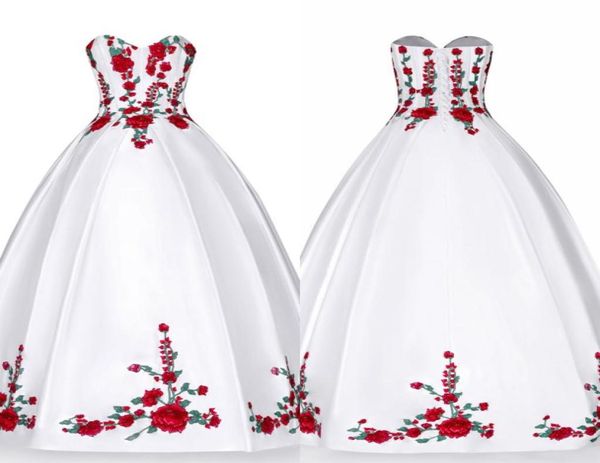 Weiß rote grüne Stickerei Quinceanera Kleider Perlen trägerloser Schnürung Satin Prom Kleid Abschluss Abendkleider Langes formelles Swee4989993