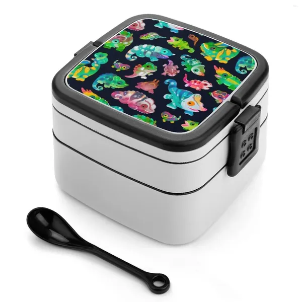 Dinnerwaren Chamäleon Bento Box Lunchthermalbehälter 2 Schicht gesunde Echsenreptile Tier Kawaii Sommer Tropical