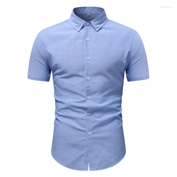 Camisas casuais masculinas 2024 Negócios de moda Match Color Solid Oxford tecido curto de manga curta camisa de botão de manga curta