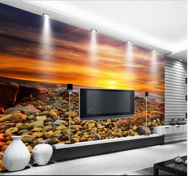 Sfondi personalizzati PO per pareti 3 d Murales Warm Glow Romantico Bellissima Stone Beach Mural Sfondo