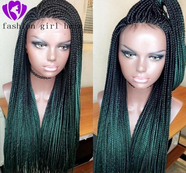 Afro America Ombre Green Box Parrucche intrecciate intrecciate Naturale Two Tone Color Tone Long Natural Sintetico Le parrucche anteriori con capelli per bambini6377091