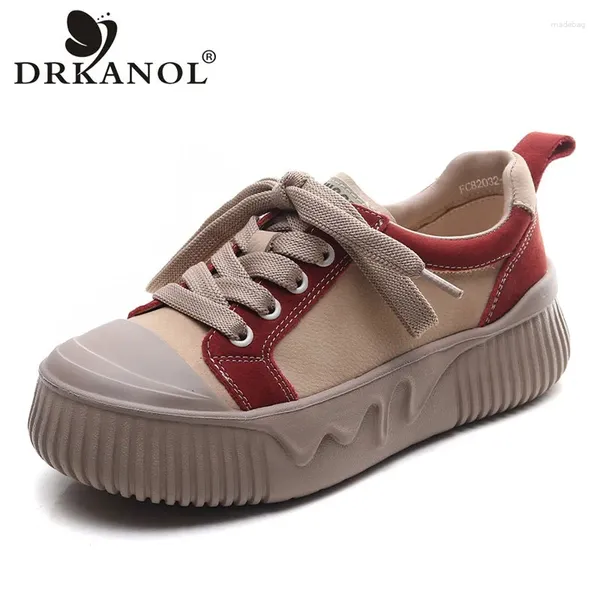 Lässige Schuhe Drkanol 2024 Mode Chunky Plattform Sneakers Frauen flache gemischte Farben Echtes Kuhleder Leichtgewichtiges Brett