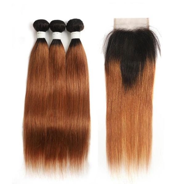 1b 30 Ombre Straight Bündel mit 4x4 Spitzenverschluss brasilianischem Remy Human Hair Bündel mit Verschluss 4x4 Zoll1843034