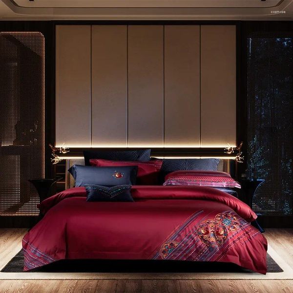 Conjuntos de cama 4/6/9pcs luxuosos macios 1000tc egyptian algodão premium vintage vermelho escuro bordado verde bordado tampa de bloqueio de tampa da capa de capa