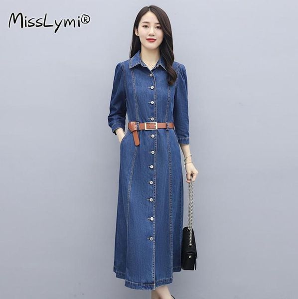 Vestido Jean Azul elegante para mulheres outono 2021 Moda Turndown Collar Sleeve Sleeve Singleredved Denim Camisa longa vestidos longos Casua8923663