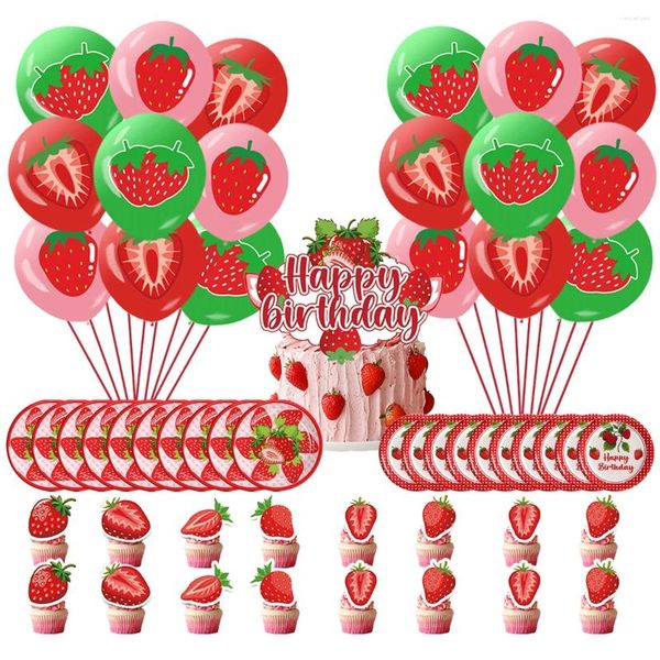 Decoração de festa Verão Strawberry tem tema de decors de faixa de frutas bolo de bolo de fruta bolo de baloons meninas suprimentos felizes