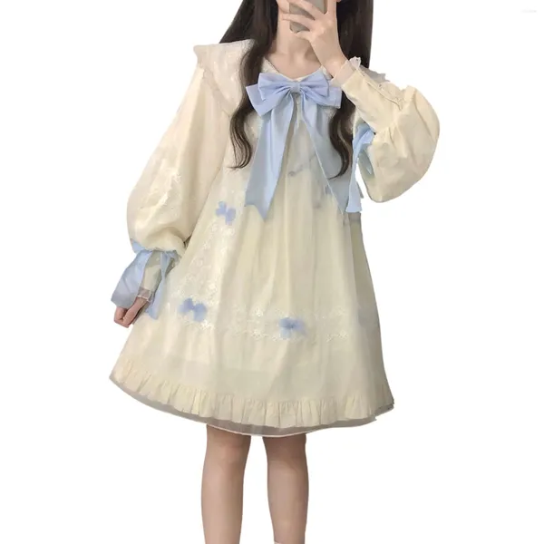 Vestidos casuais mulheres lolita manga longa vestido de renda adolescentes bufando kawaii uma linha tulle princesa festa fofa curta curta