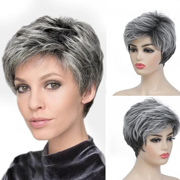 Kurze Perücken Kopfhülle Oma Grey Grau mittlere Dame im mittleren Alter Elegant Perfect Curly Synthetic Hair 240407