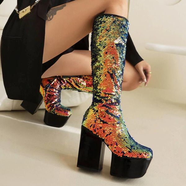 Boots Women Women Knee High Platform Shoes Autumn Winter Block Heels Zipper Sexy Bling Clubwear