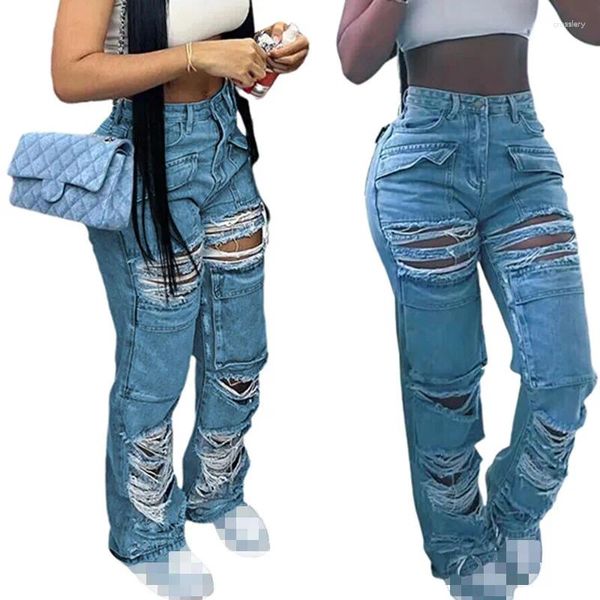 Jeans femininos Sexy Hollow Out Ripped Cargo Women Fashion Azul Caustra larga perna larga mulher solta Mulher vintage destruída calças denim desgastadas