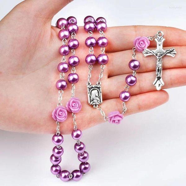 Collane a ciondolo perle di vetro viola cattolico Collana rosario per donne in croce crocifisso della catena rosa religione gioiello