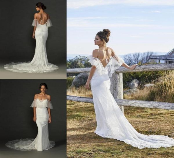 Abiti da sposa hippie sexy a sirena aperta con cinturini spaghetti sheer bolero fuori dalla spalla abiti da sposa boho beach sposa 9371906