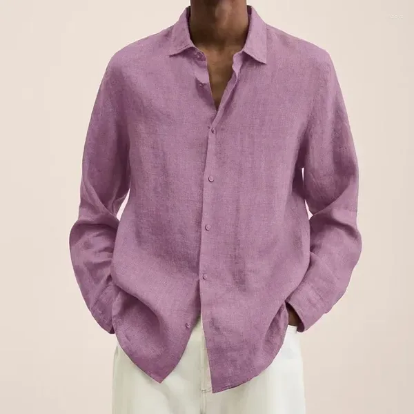 Мужские повседневные рубашки 2024 Spring Men Shape Linen Сплошная сплошная рукава с длинным рукавом.