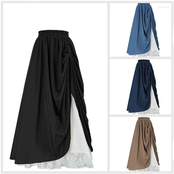 Saias da saia vitoriana Cantura alta Lady Black Pleated com Roupa de festas de renda Mulheres de inverno Meio vestidos