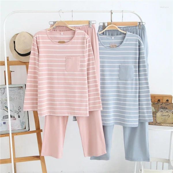 Abbigliamento da casa set da due pezzi in biancheria intima pigiama in cotone per donne top a maniche lunghe casual pantaloni in pigiama abito da sonno per sonno rosa blu grigio