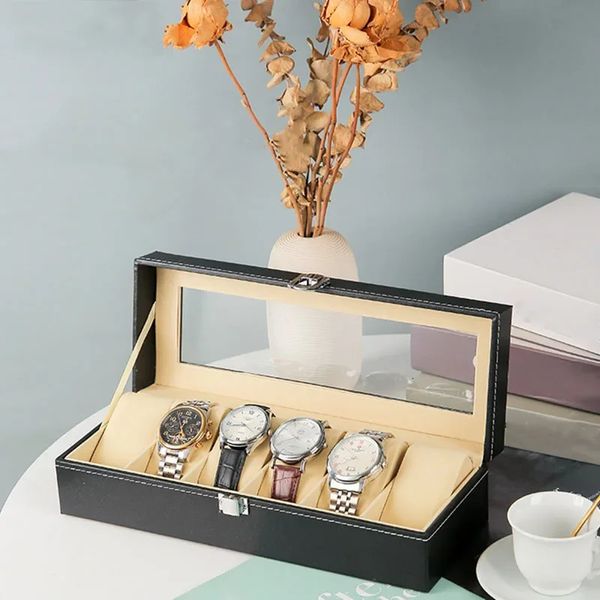 Caixa de organizador de relógio elegante com acabamento em couro PU trava de armazenamento elegante e chave para segurança 240412