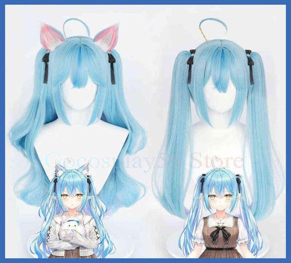 Vtuber Yukihana Lamy Perücke Hololive Girls Cosplay Gradient Blue Long Curly Welly Welly Pigtails synthetische Haarrollenspiele AA2203179377145