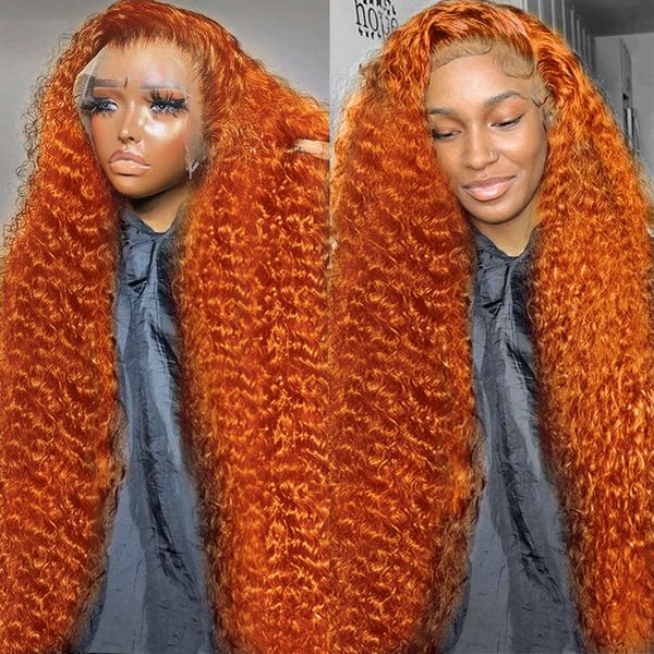 250 densidade de gengibre laranja 13x6 hd transparente onda profunda frontal peruca de cabelo humano 30 40 polegadas 13x4 perucas frontais de renda para mulheres