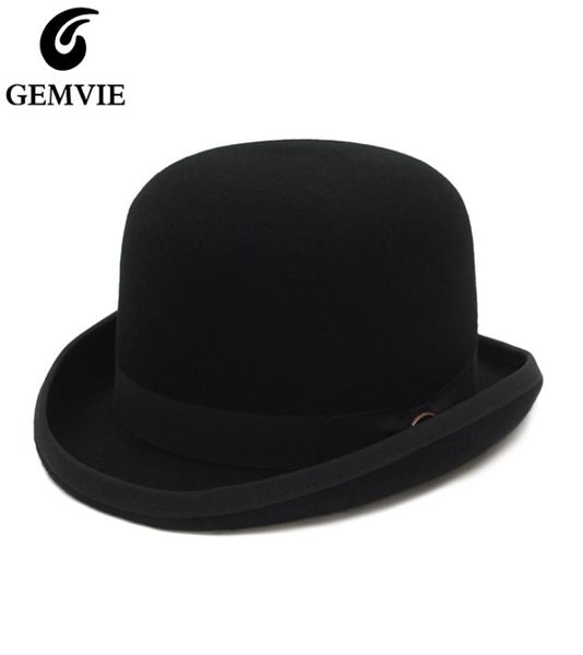 Gemvie 4 cores 100 lã Felt Derby Bowler Hat for Men Mulheres Cetins Faciona Fedora Fedora Fedora Magician Hat 2205074566585