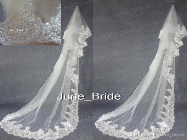 Luxo Silver Cord Lacined Lace Aplique Véu de noiva de alta qualidade Longo Casamento de marfim de marfim Acessório de noiva Real PO8174147