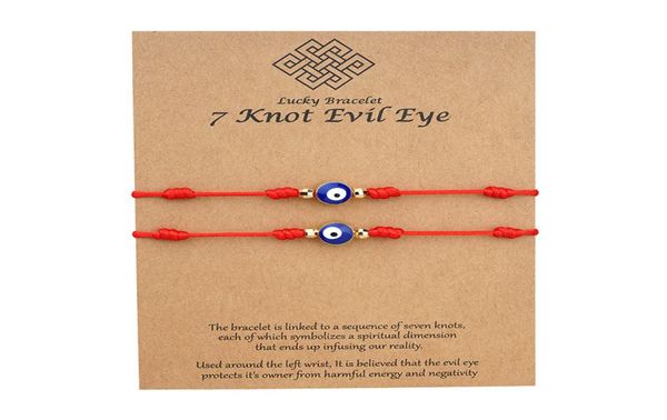 7 Knoten Blau Evil Eye Armband Papierkarte Armband Einstellbare glückliche rote Stringarmbänder Paar Schmuck Freundschaft Armband 2PSCS1902768