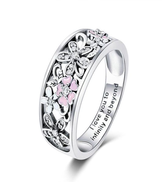 Модная серебряная серебро 925 Sakura Cherry Blossom Pink Flower Ring Женщины ювелирные изделия 69 для девочек рождественские подарки4348672