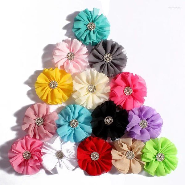 Flores decorativas 4pcs/lote 6,5cm 15 coloridas Flores de chiffon sólidos com botão de strass para acessórios para o cabelo Bandas de cabeça artificiais