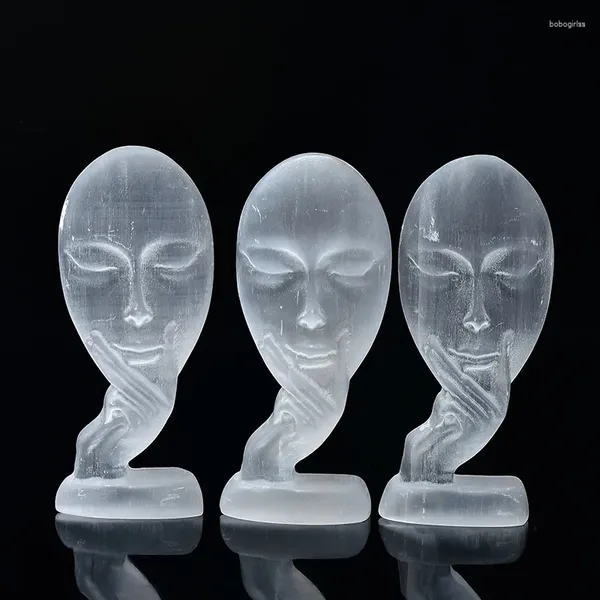 Figurine decorative naturale bianca selenite maschera simile al viso simile al gesso intagliato Ornamenti di minerale di cristallo di guarigione Regali di decorazioni per la casa 1pc