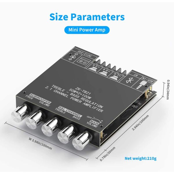 Verstärker Audio ZKTB21 Bluetooth 5.0 Stereo Audio Receiver Amplifier Board 2.1 Channel Mini Subwoofer 50WX2+100W