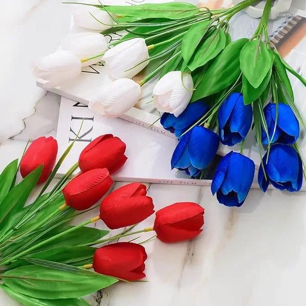 Flores decorativas 3pcs tulipas artificiais buquês vermelhos brancos azuis faux silk tulip floral para 2024 Independence Day Party Decor Supplies