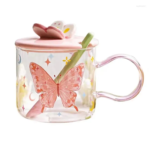 Weingläser hitzebeständiger Glas Becher Tasse mit niedlichen Schmetterlingsdrucks Keramik Deckel 3D Dekor Tulpe Blume Form Löffel 1 Stück