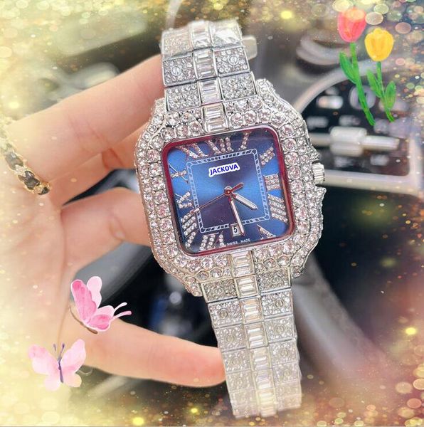 Tre perni ghiacciati da uomo Square Roman Tank Watch Day Day Time Quartz Calendario in acciaio inossidabile Orologio Shiny Starry Full Diamonds Anello di diamanti Orologi