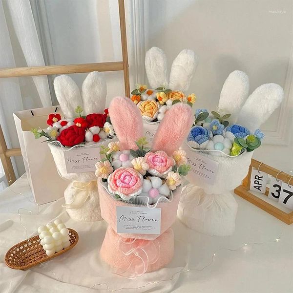 Flores decorativas Luzes LED Buquê de flores de malha com bolsa Presente artificial Conjunto de aniversários de casamento Presentes do dia dos namorados