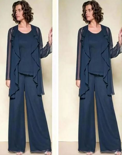 Pantaloni della madre della sposa Abiti per madre abiti formali con giacca con chiffon a maniche lunghe con cerniera personalizzata plus size nuovi tre pezzi o collo scuro blu scuro