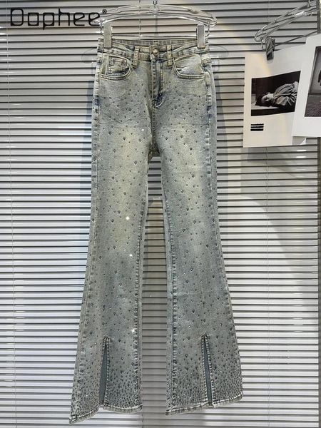 Frauen Jeans Hochleistungs-Strass-Splithosen Spicy Girl Skinny 2024 Sommer hohe Taille Retro polierte weiße blaue Frauen