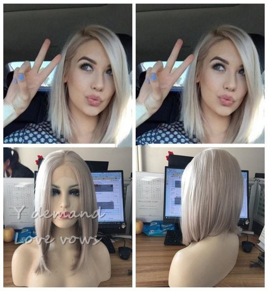 Kurzes Bob Haar Silber Platinblond Spitze vordere Spitzenperücken synthetische Ascheblonde gerade hitzebeständige Faserperücken Middle Parting 1761286