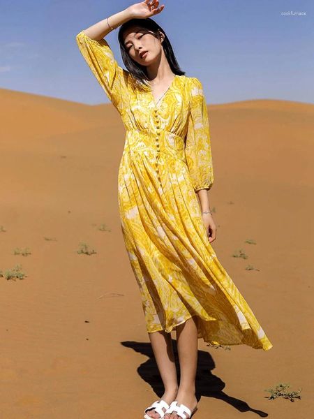 Abiti per feste Gypsylady casual chic floreale vestito stampato floreale giallo pulsante frontale estate boho donne a manica lanterna vesti vacanze