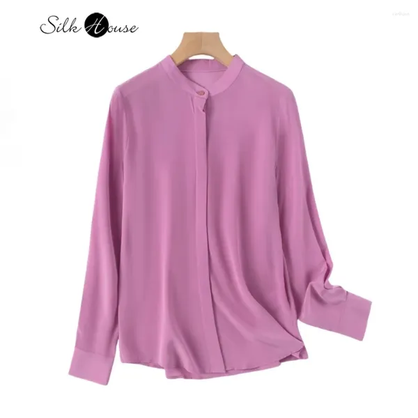 Blouses femininas 2024 Bem -estar da primavera Natural Mulberry Silk 03Crepe de Chine Stand Gollar Simples Single Brentsed Long Manguela