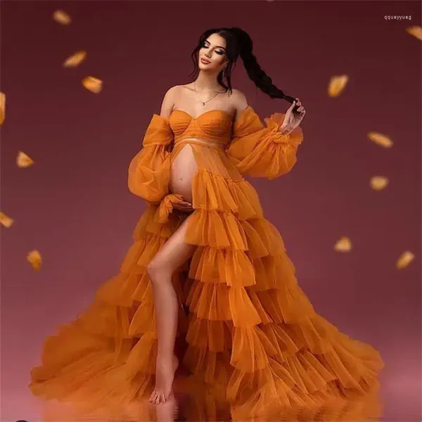 Partykleider Orange Rüsche Tüll Mutterschaftskleid Front Split Schatz Langarm Langarm Babyparty Kleid Boho Frauen Abschlussball