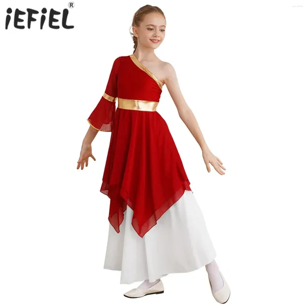 Bühnenbekleidung Kinder Girls One Schulter Lob Ballett Lyrische Tanzkleid Metallic Flare Ärmel Unregelmäßige Saum Kleider christliche Anbetung Kostüm