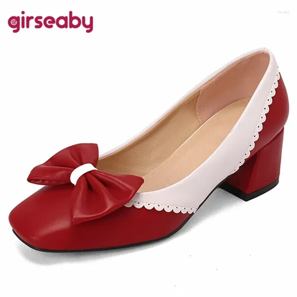 Kleiderschuhe GirSeasy 2024 Damenpumpen Square Zehen dicke Absätze Slip-on Bowtie süße große Größe Elegant Mix Color Netter bequemer S3175