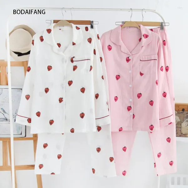 Home Clothing Pyjamas Set für Frauen Baumwolle Stoff Schlaf Turren Kragen Erdbeer Langarmanzug Herbst weibliche Nachtwäsche