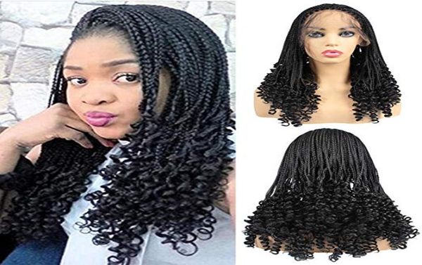 20 -Zoll -Natual Black Micro Blighiding Hair Perücken mit lockigem Ende synthetischer Spitzen -Vorderperücke mit Baby Haar halb geflochten