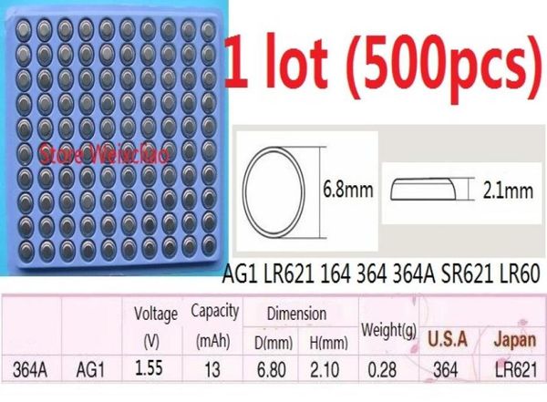 500pcs 1 lote AG1 LR621 164 364 364A SR621 LR60 155V BULTER ALCALINA BATELAGEM BATERAGEM BATERIA BATERIAS BATERIAS DO 1073978