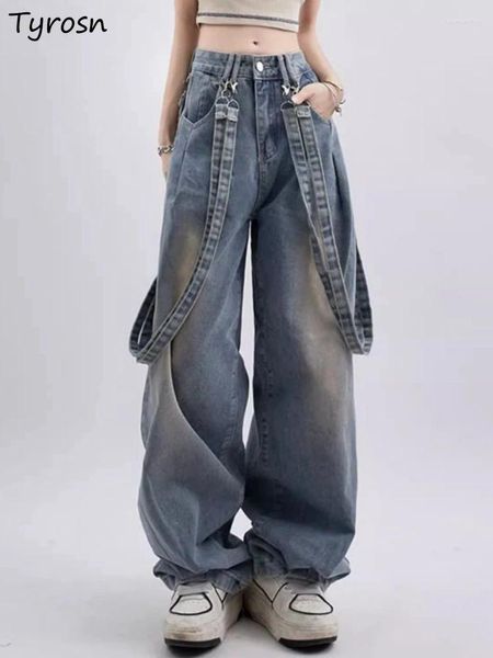 Frauen Jeans Frauen Straight Mode Einfacher Retro Streetwear Amerikanischer Stil Lose Hochtülen-Design Damen All-Match Freizeit Basic Täglich