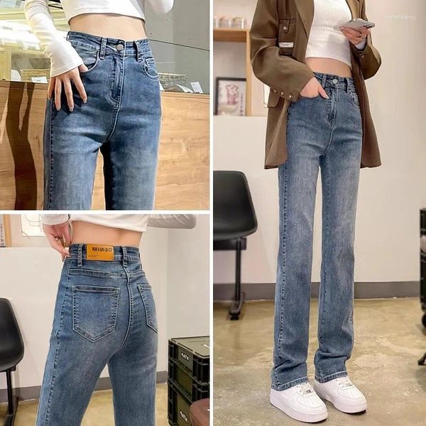 Jeans femininos de cintura alta perna reta para desgaste do outono 2024 Slim e estreita versão larga Stick Smoke Tube Calças