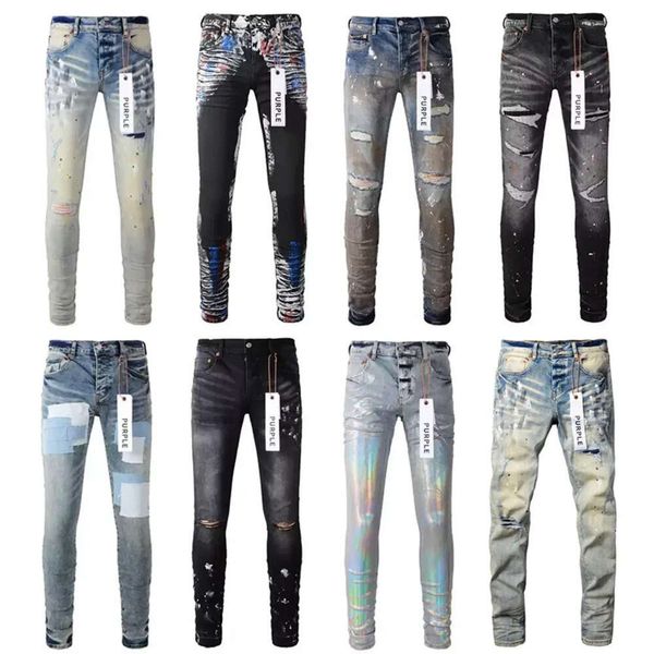 2024 Designer para homens magros de motocicleta ripiada de retalhos rasgada durante todo o ano, liz pernas por atacado Marca roxa jeans gjk668