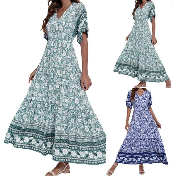 Abiti casual Donne Donne Summer Maniche corte V Neck Maxi Boho Etnic Floral Bohémien High Waist Large Swing Long Dressos Vestidos