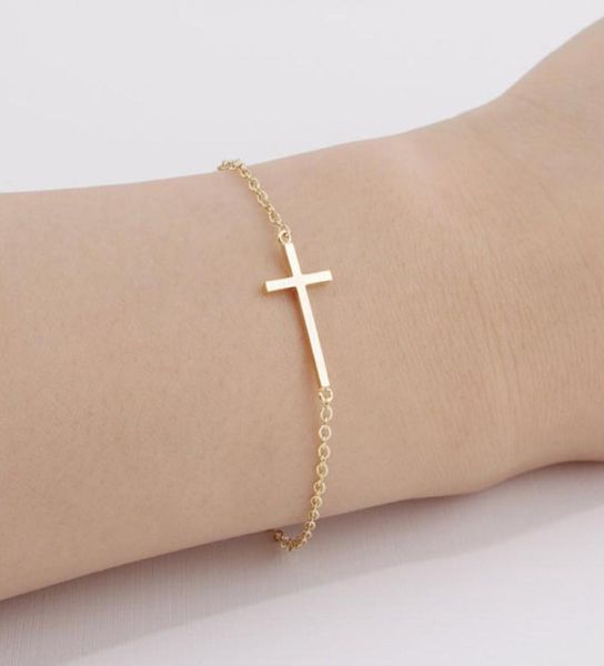 10pcs B009 Gold Silver Horizontal lateral Pulseira cruzada Simples pequeno pequeno bracelete religioso Cruz Fé Christian Cross B9556717